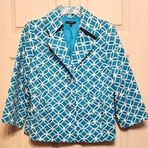 Women's medium Rafaella turquoise and white print blazer